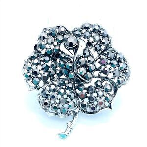 Weiss Large Jappaned Black Rhinestone Flower Brooch, Signed